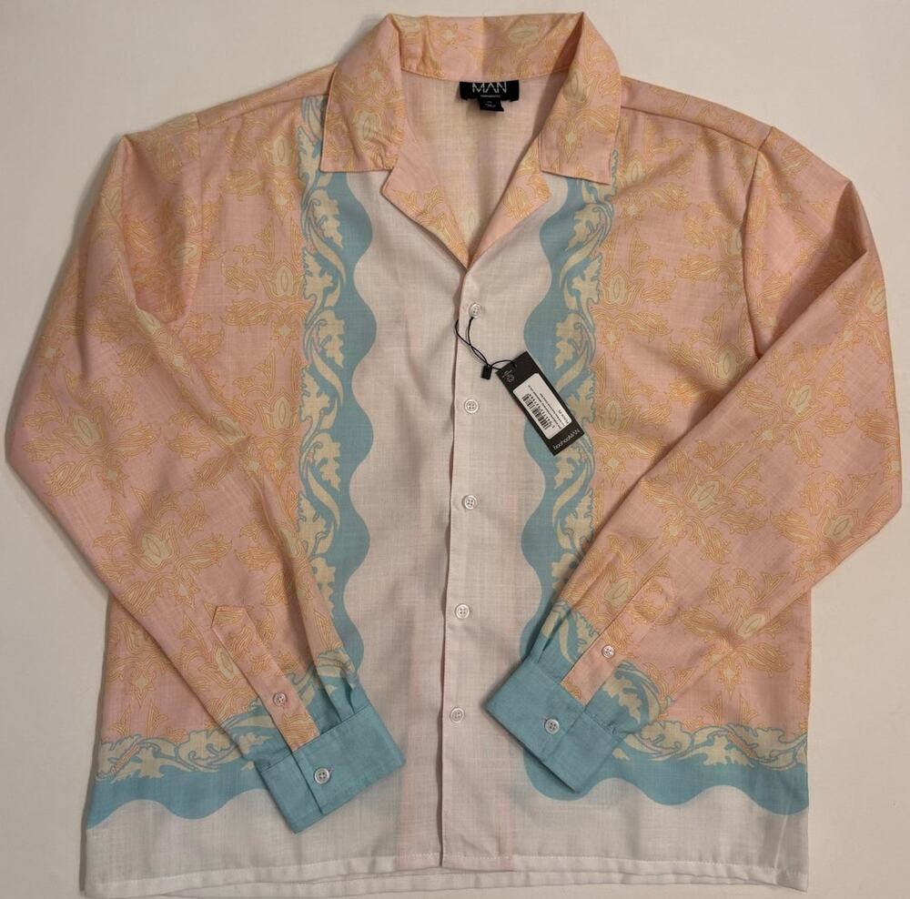 NWT Boohoo MAN Boxy Slub Wavy Floral Border Printed Shirt Sz XS Peach